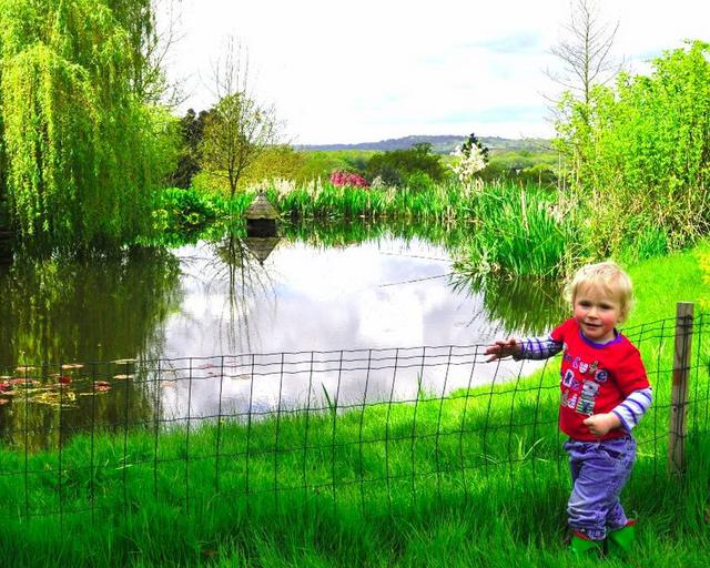 A child safely behind the fence by the pond at Hamptons Farmhouse